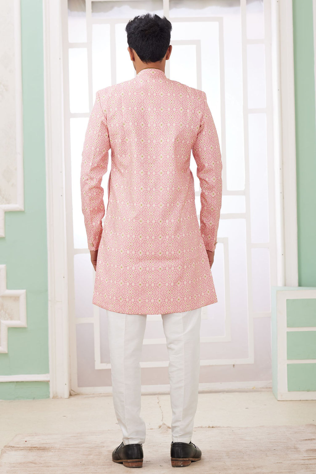 Pink Jacquard Silk Indo Western for Male with Embroidery Work