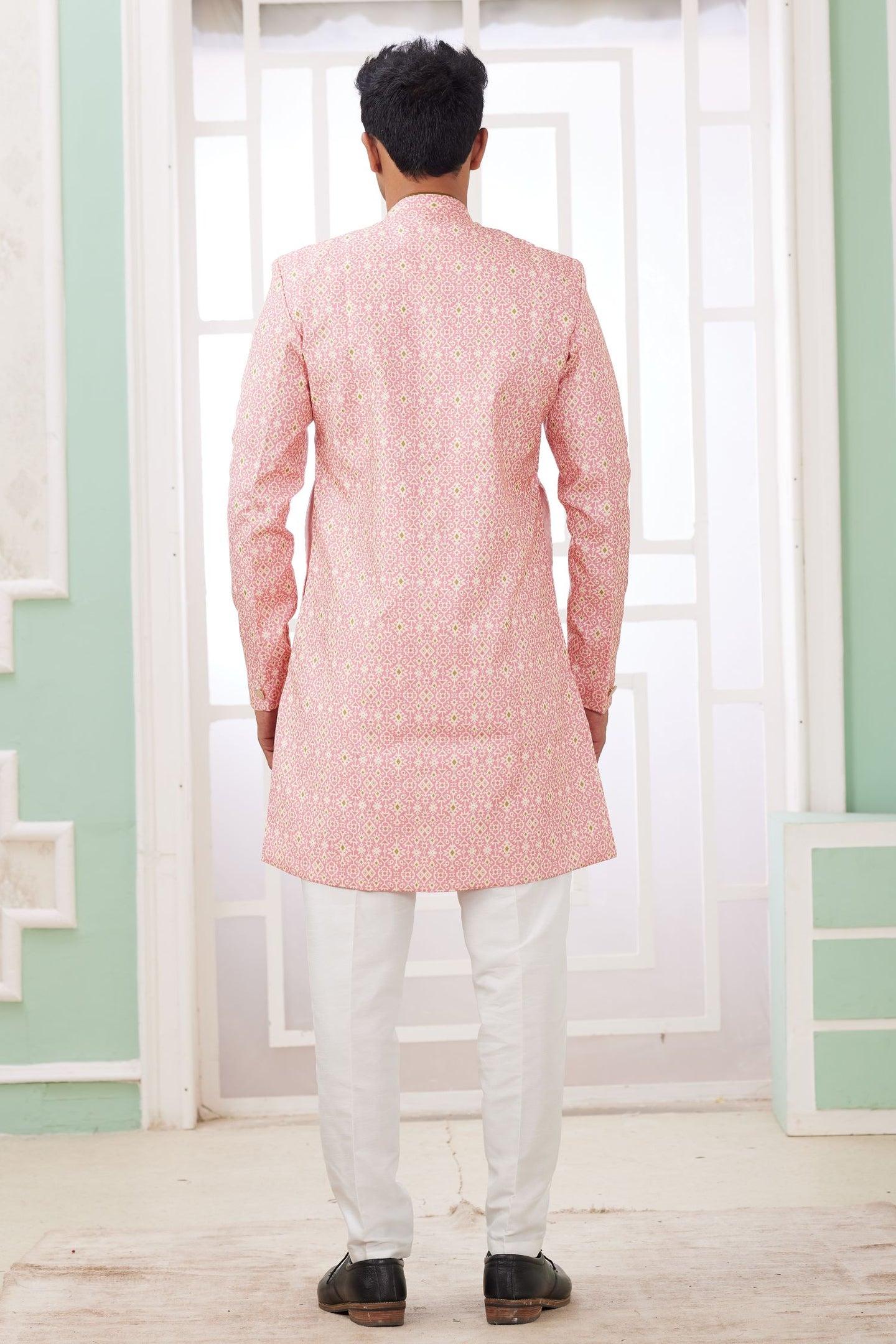 Pink Jacquard Silk Indo Western for Male with Embroidery Work