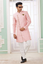 Pink Jacquard Silk Indo Western for Male with Embroidery Work