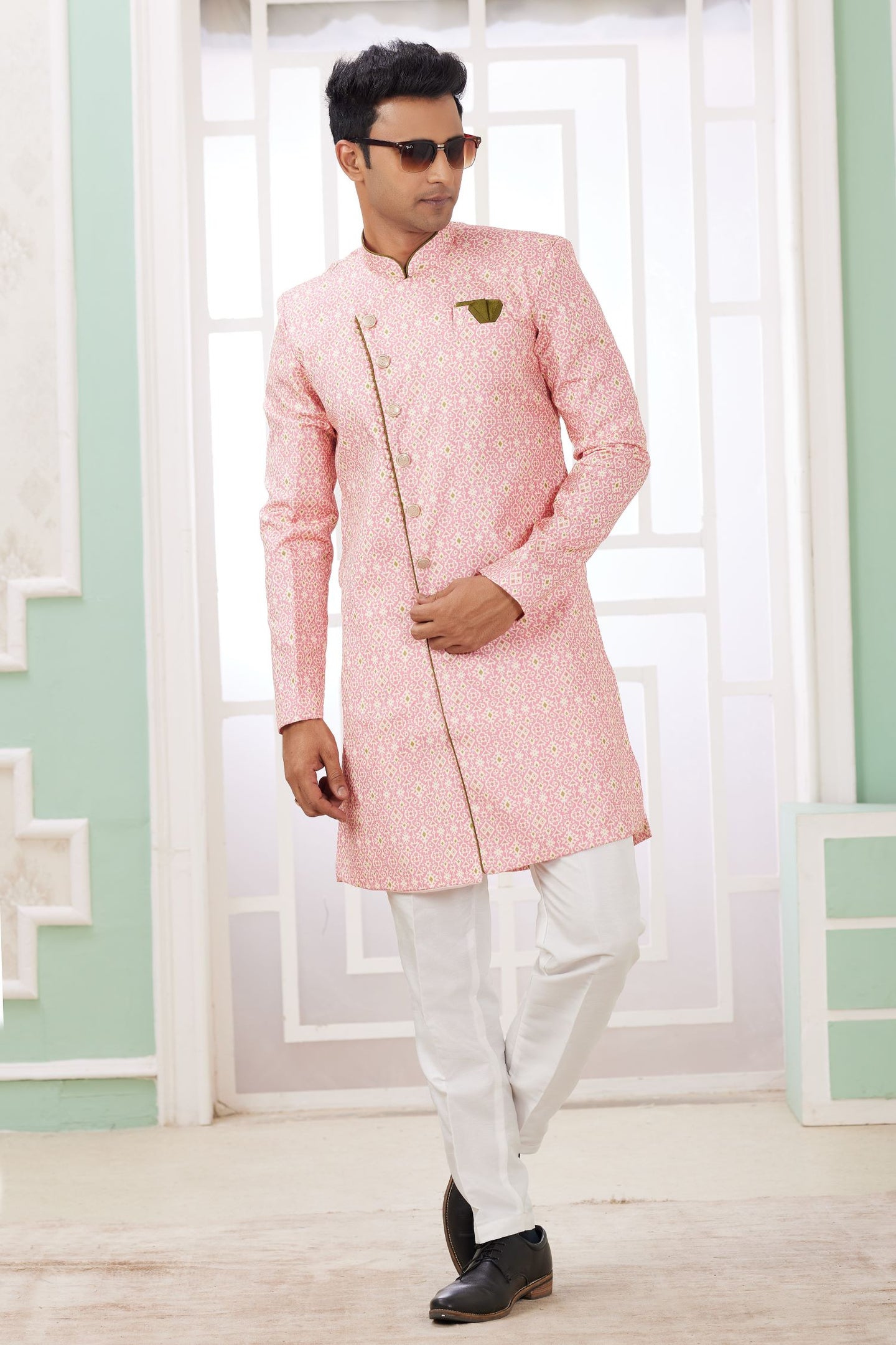 Pink Jacquard Silk Indo Western for Male with Embroidery Work