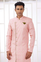 Pink Jacquard Silk Indo Western for Male with Embroidery Work