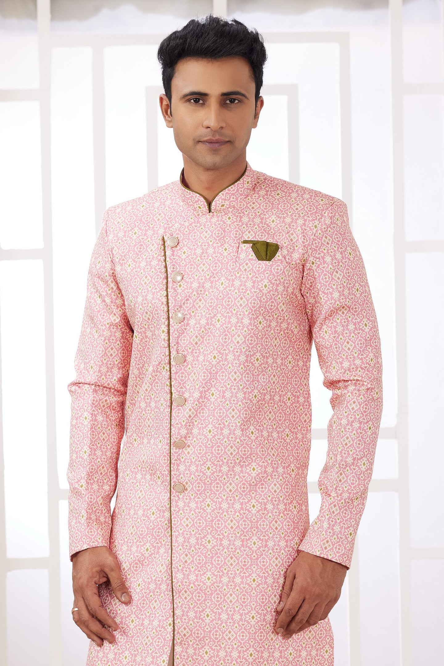 Pink Jacquard Silk Indo Western for Male with Embroidery Work