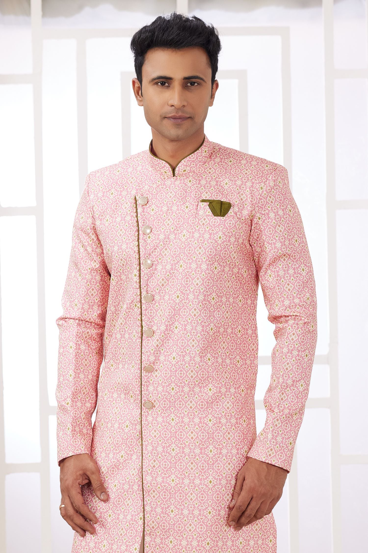 Pink Jacquard Silk Indo Western for Male with Embroidery Work