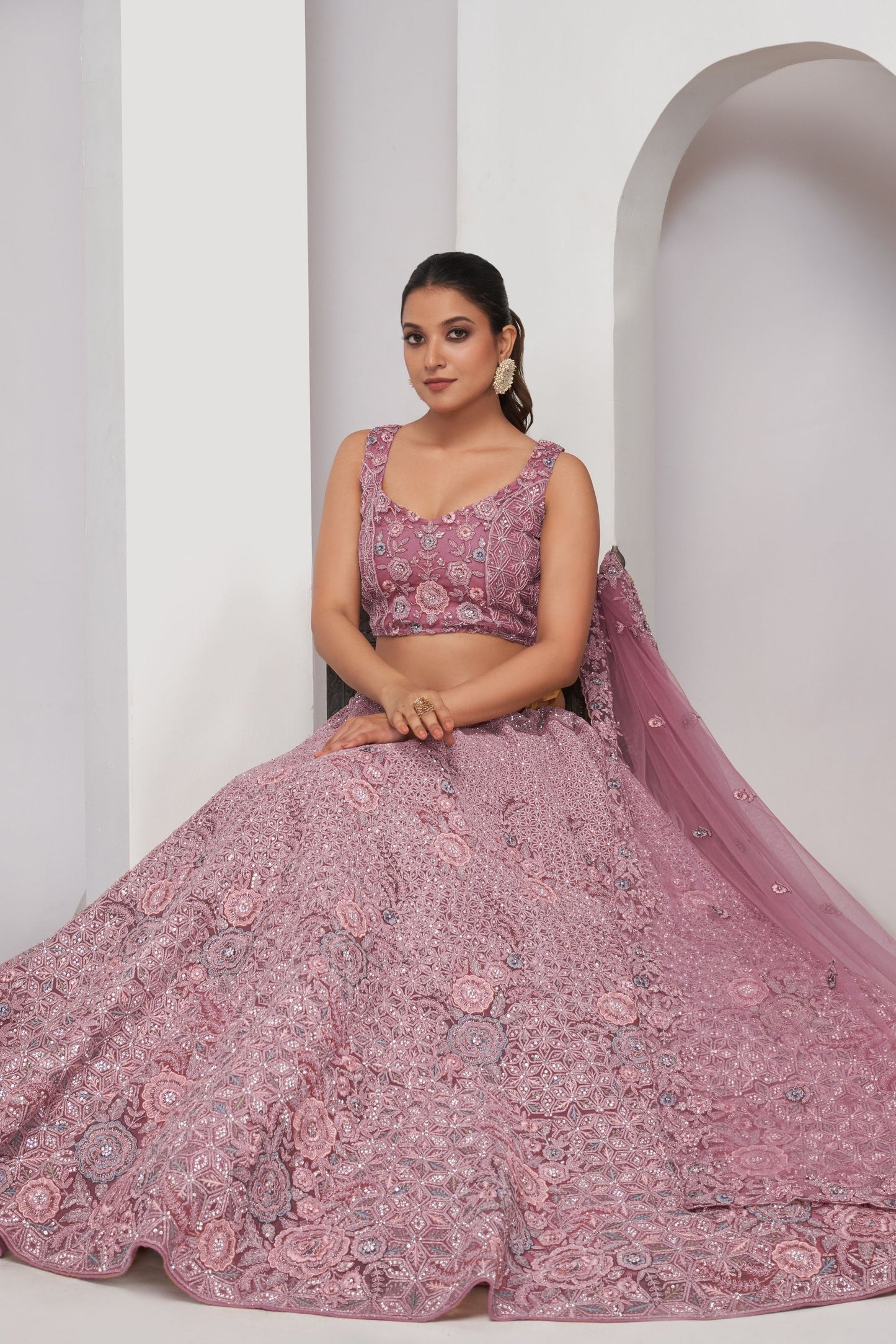 Lavender Soft Net Lehenga Choli For Indian Festivals & Weddings - Sequins Work, Dori Work, Zarkan Work