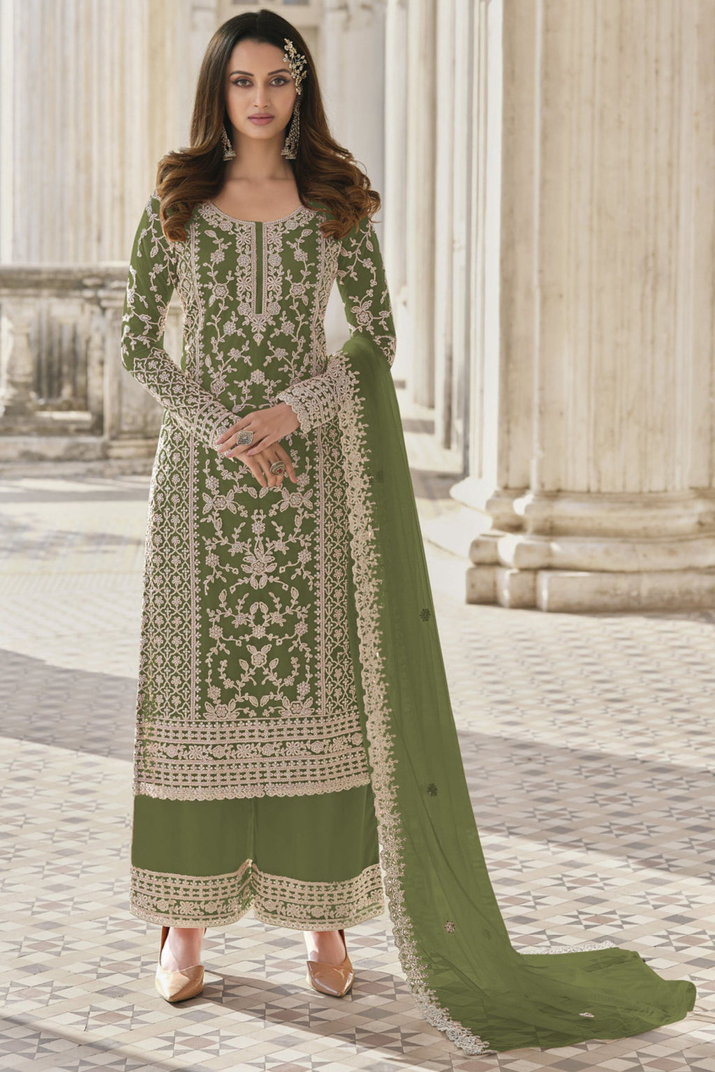 Olive Net & Cording Work Salwar Kameez Plazzo Suit For Indian Wedding & Festival - Embroidery Work, Cording Work