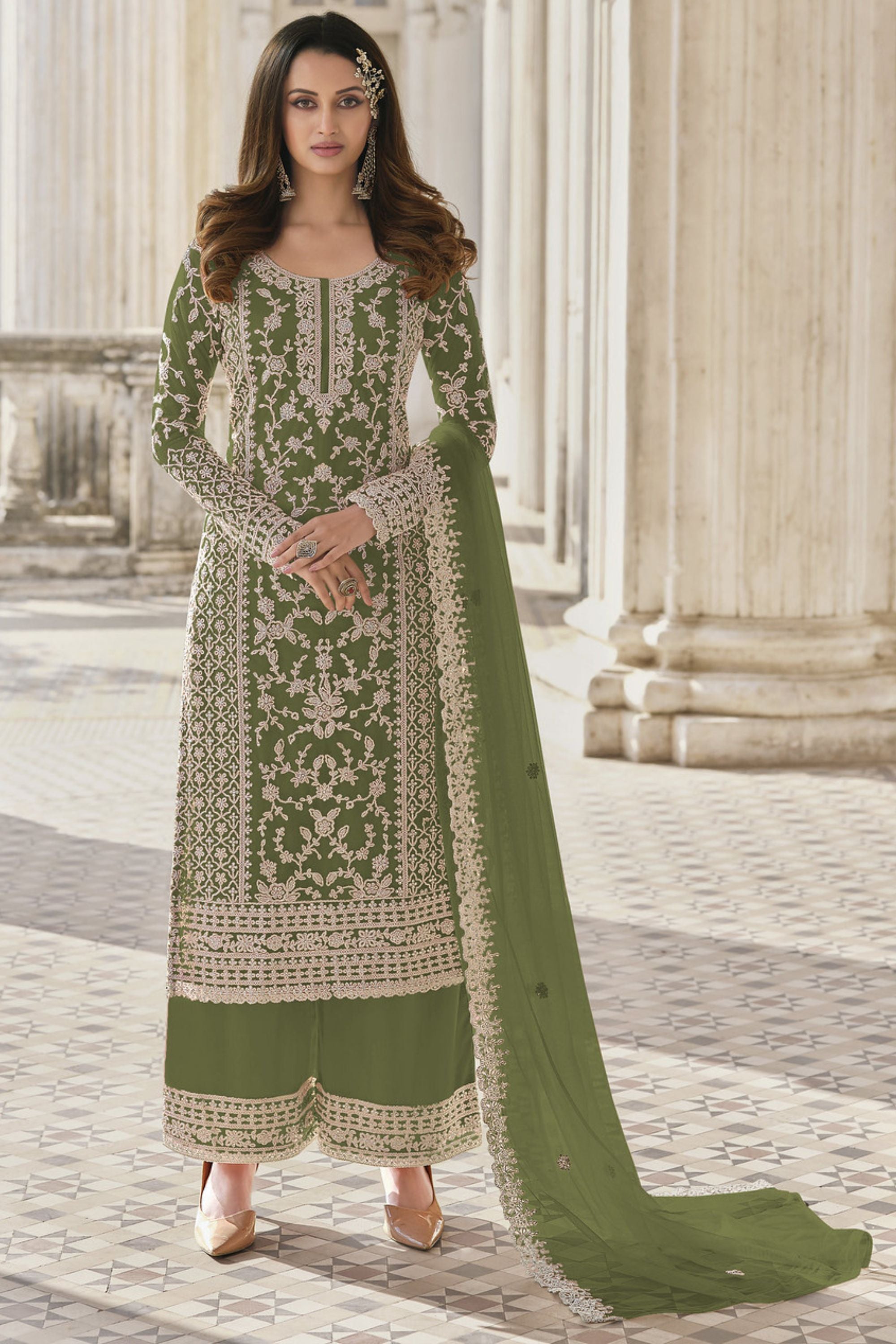 Olive Net & Cording Work Salwar Kameez Plazzo Suit For Indian Wedding & Festival - Embroidery Work, Cording Work