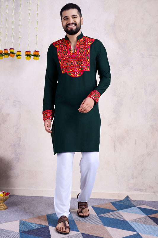 Green Rayon Kurta Pyjama for Men For Navratri Garba Festivals - Embroidery Work, Real Mirror Work