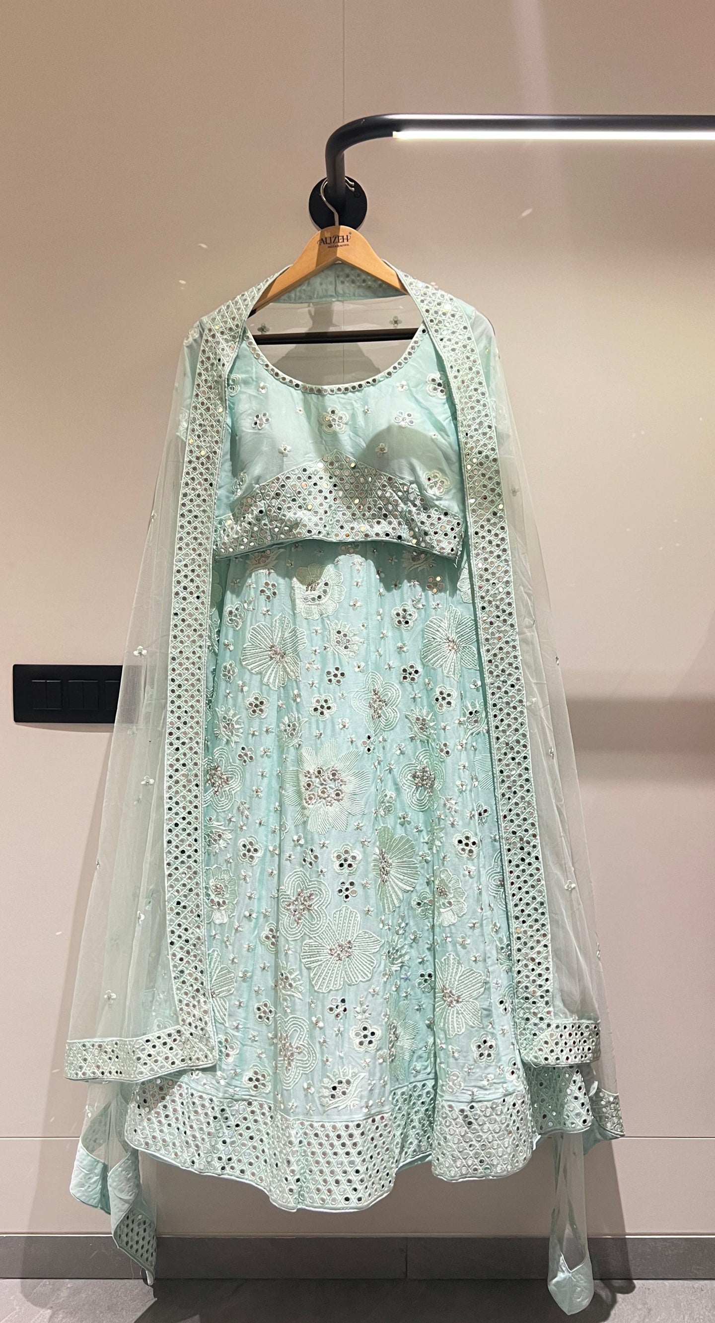 Light Pista Net Lehenga Choli For Indian Festivals & Weddings - Thread Embroidery Work, Mirror Work, Zari Work, Zarkan Work