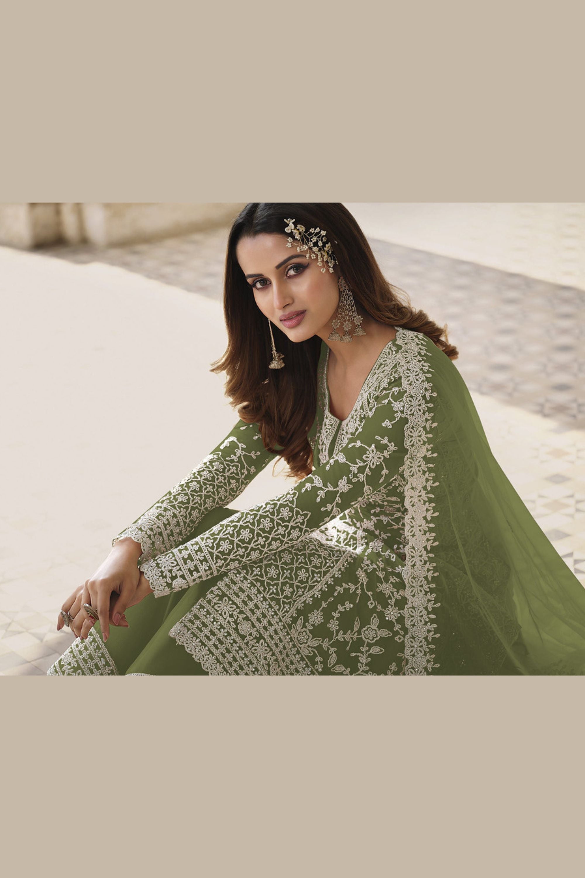 Olive Net & Cording Work Salwar Kameez Plazzo Suit For Indian Wedding & Festival - Embroidery Work, Cording Work