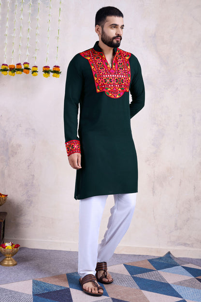 Green Rayon Kurta Pyjama for Men For Navratri Garba Festivals - Embroidery Work, Real Mirror Work