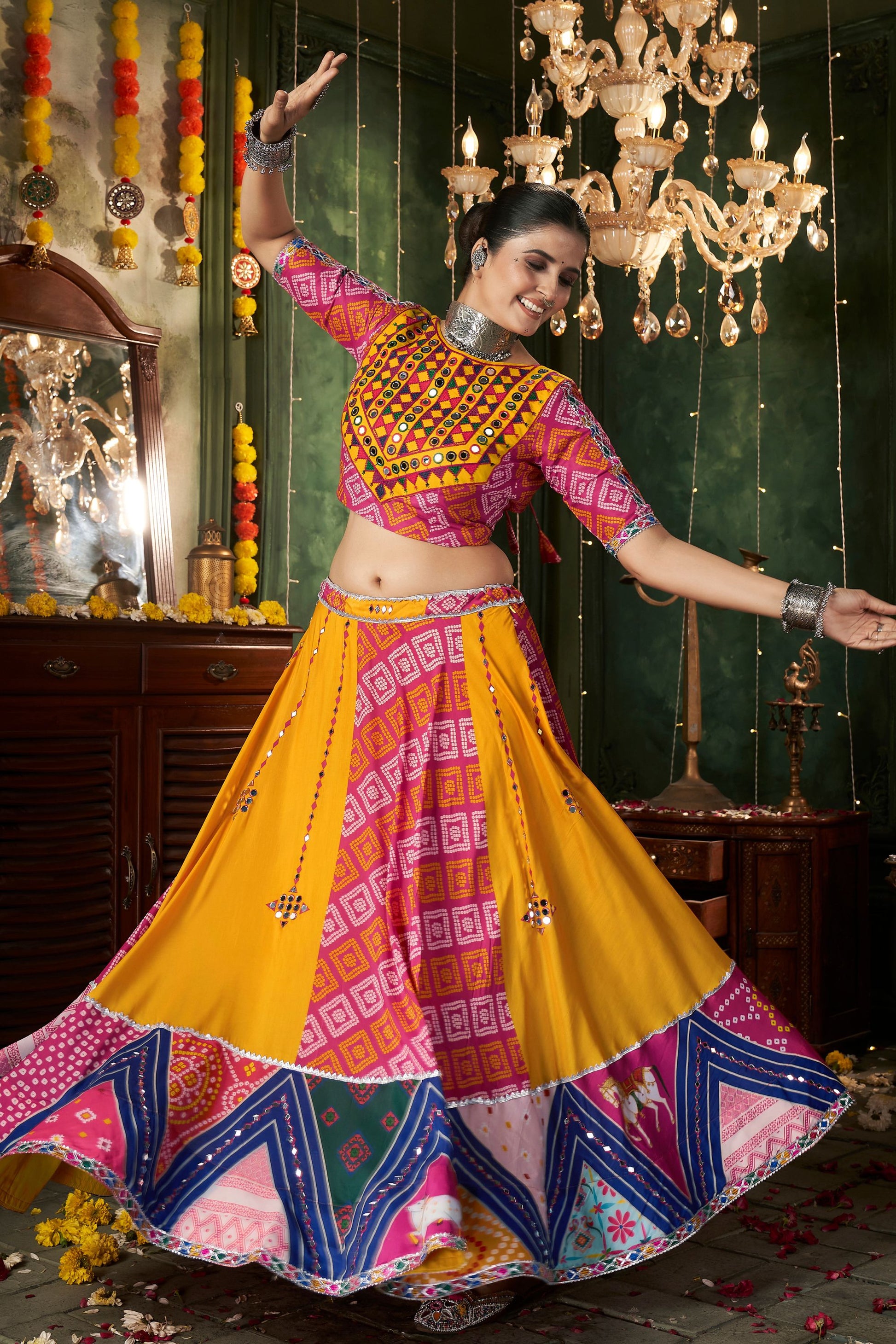 Yellow Cotton Chaniya Choli For Navratri Garba Indian Festivals 6.5 Meter Flair - Thread Embroidery Work, Real Mirror Work, Print Work