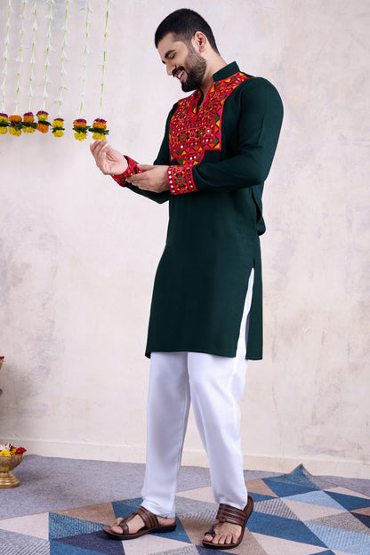 Green Rayon Kurta Pyjama for Men For Navratri Garba Festivals - Embroidery Work, Real Mirror Work