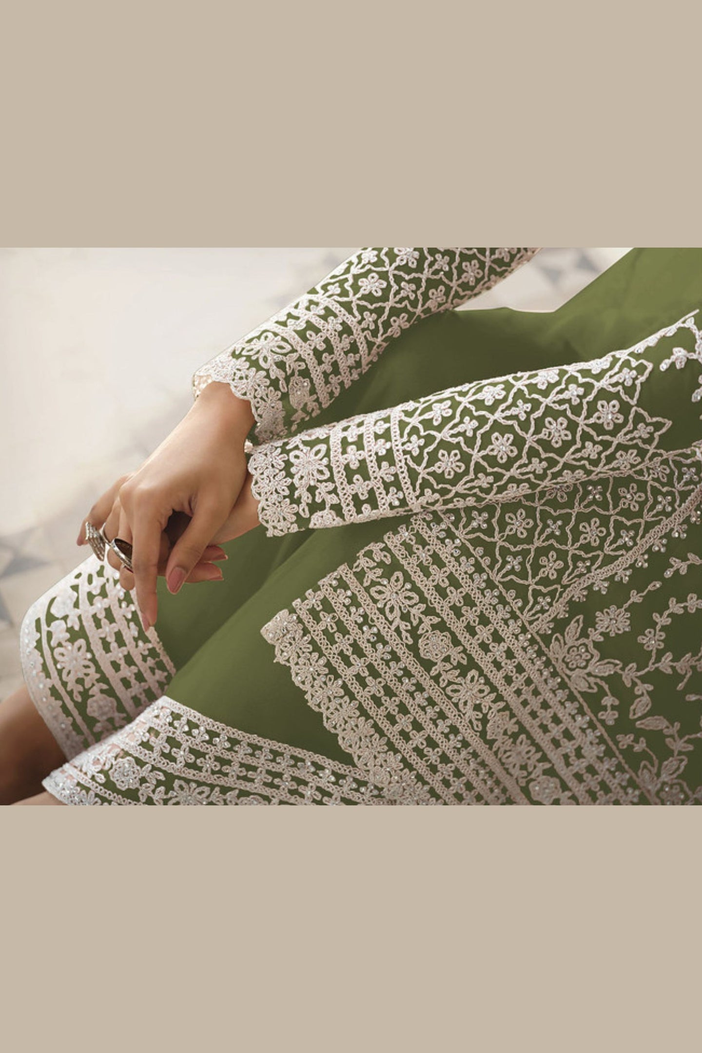 Olive Net & Cording Work Salwar Kameez Plazzo Suit For Indian Wedding & Festival - Embroidery Work, Cording Work