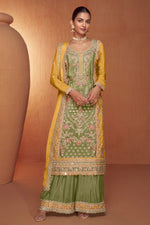 Green Chinon Traditional Plazo Suits For Pakistani Festivals & Indian Wedding - Embroidery Work