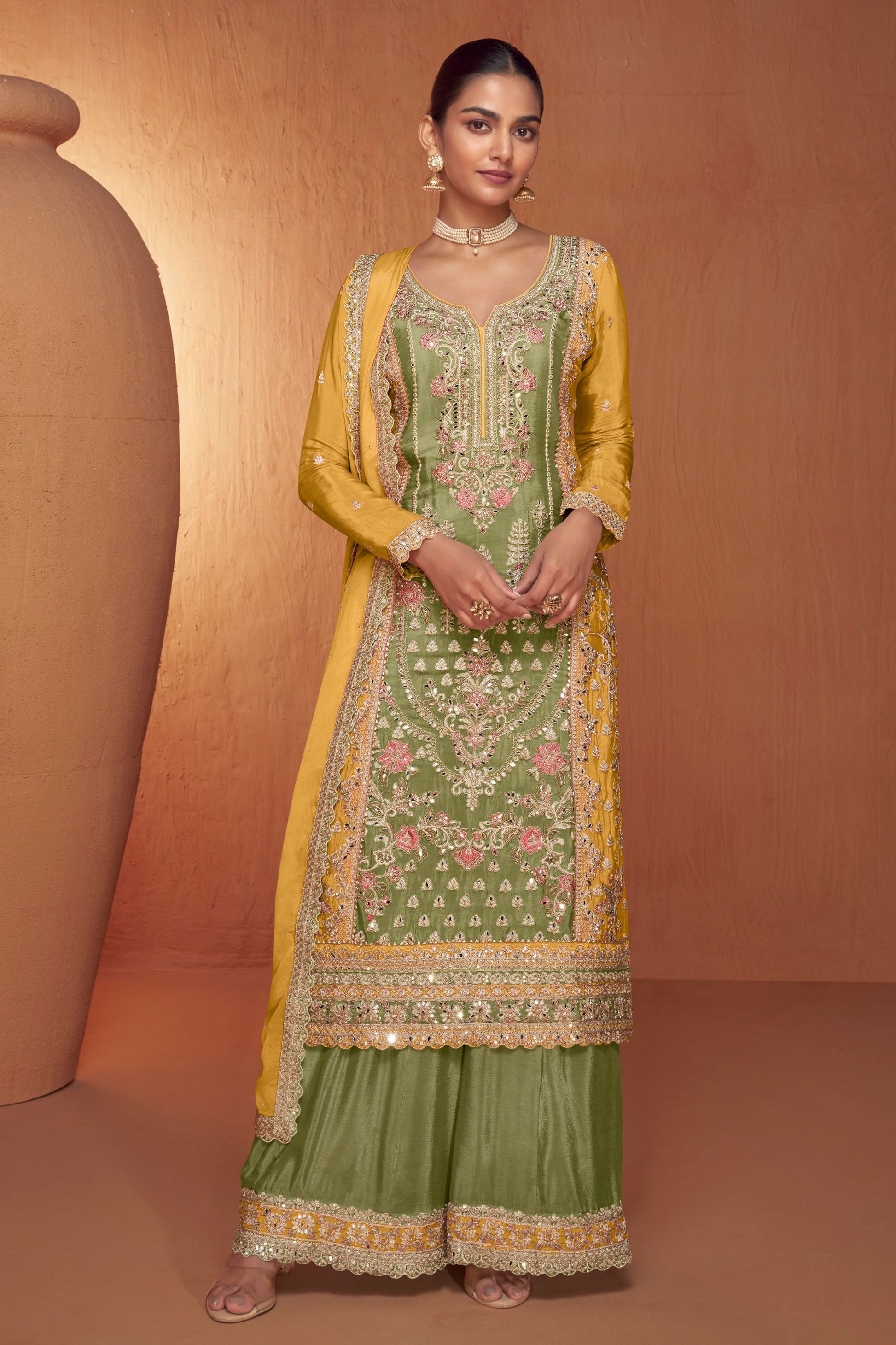 Grey Chinon Traditional Plazo Suits For Pakistani Festivals & Indian Wedding - Embroidery Work