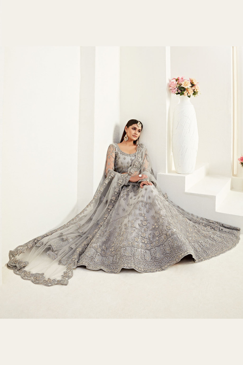 Grey Net Lehenga Choli For Indian Festivals & Weddings - Thread Embroidery Work, Codding Embroidery Work, Butta Work, Stone Work