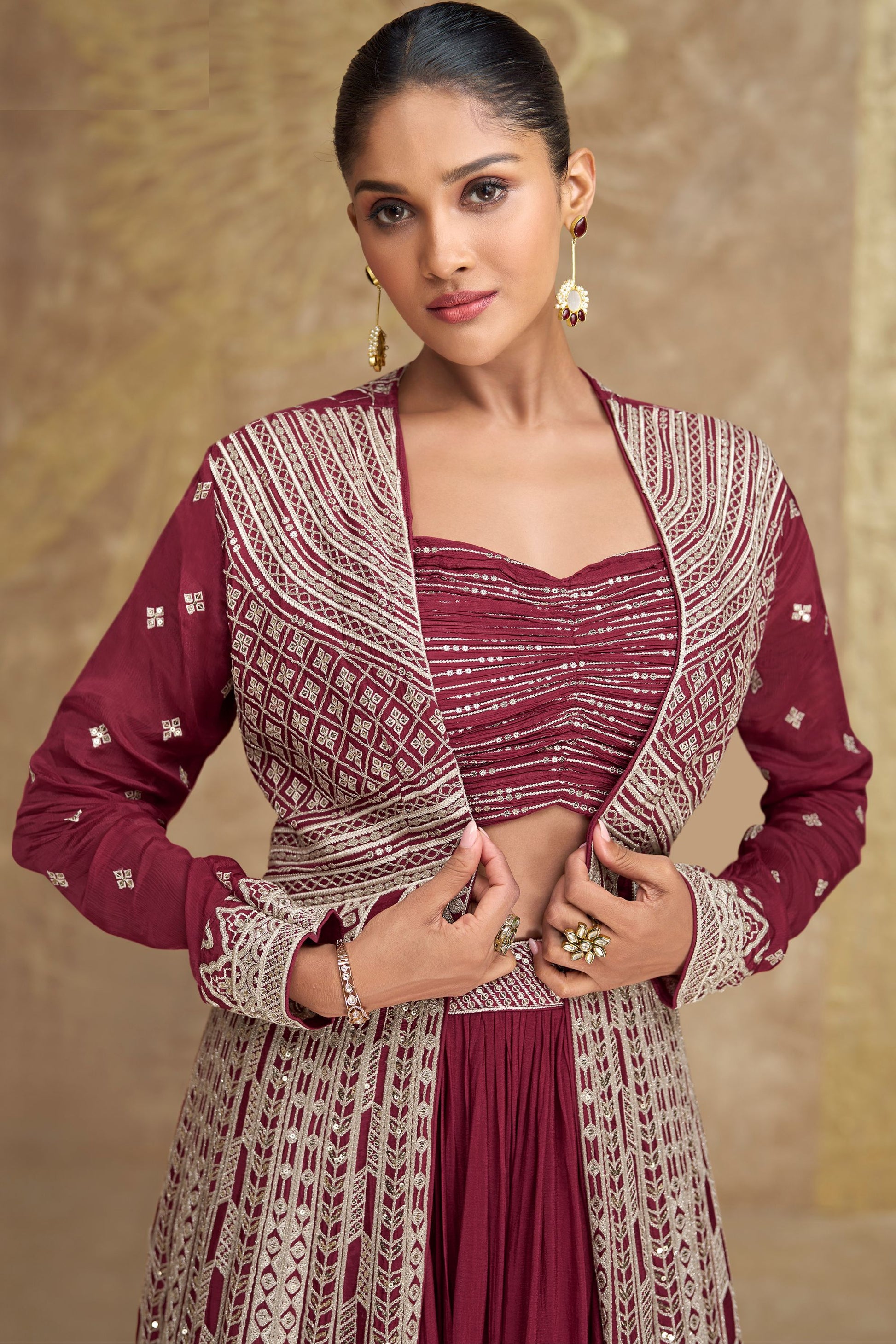 Maroon Chinon Silk Lengha For Indian Festivals & Pakistani Weddings Dress - Embroidery Work