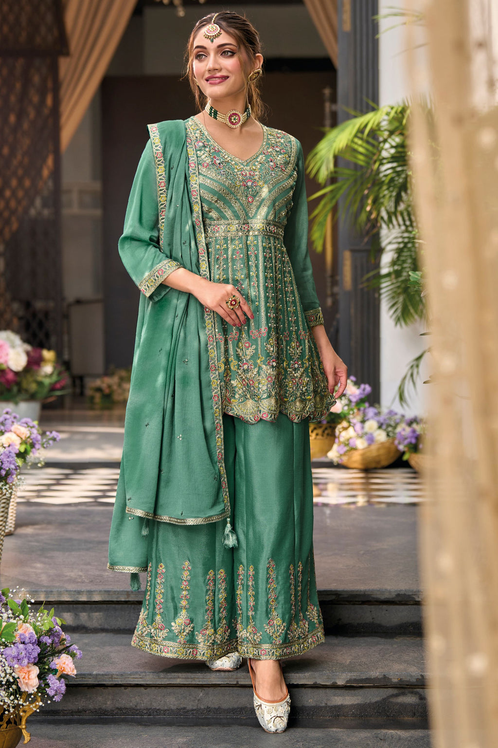 Green Chinon Silk Kameez with Plazo For Indian Festivals & Weddings - Embroidery Work