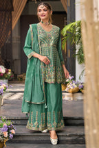 Green Chinon Silk Kameez with Plazo For Indian Festivals & Weddings - Embroidery Work