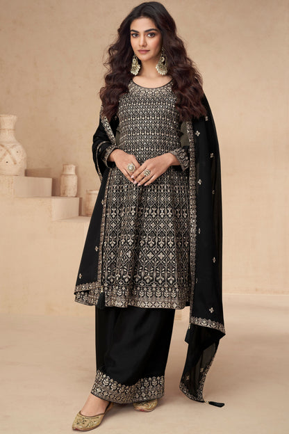 Black Chinon Silk Plazo Suit For Wedding & Festival - Embroidery Work