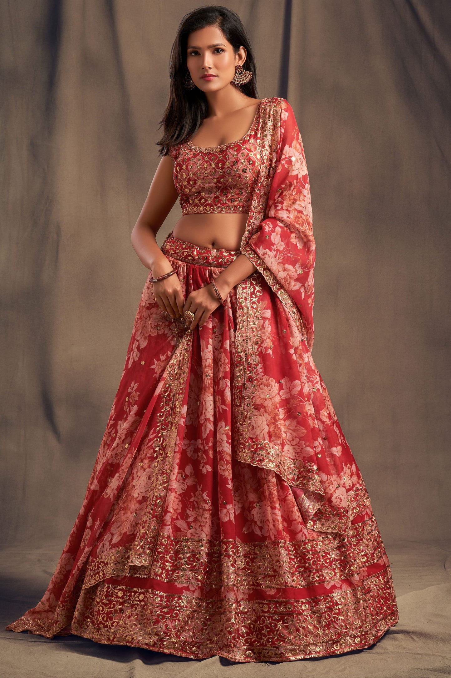 Red Organza Lehenga Choli For Indian Festival & Weddings - Embroidery Work, Print Work