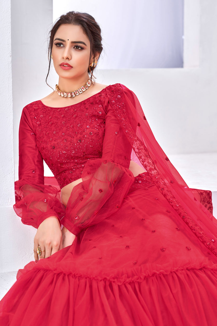 Pink Pakistani Net Lehenga Choli For Indian Festivals & Weddings - Sequence Embroidery Work, Thread Embroidery Work,