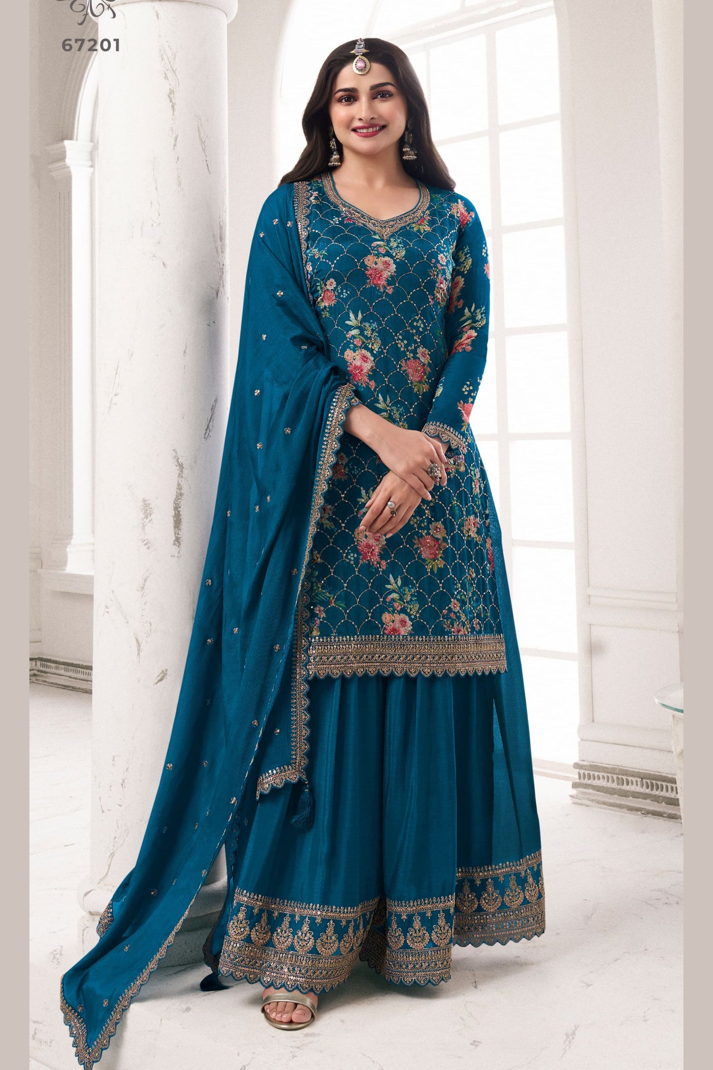 Teal Blue Chinon Silk Floral Plazo Suit For Indian Festivals & Pakistani Weddings Dress - Embroidery Work, Print Work