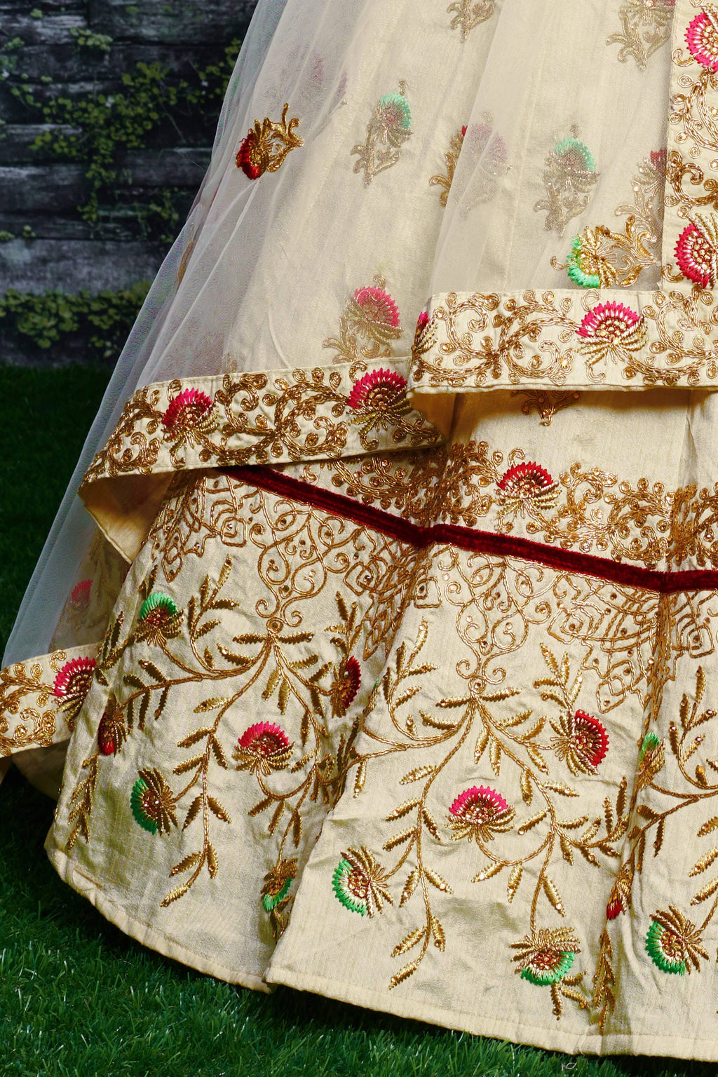 Off White Ghagra Choli for Ladies in Slub Silk with Dori, Zari Work & Sequin