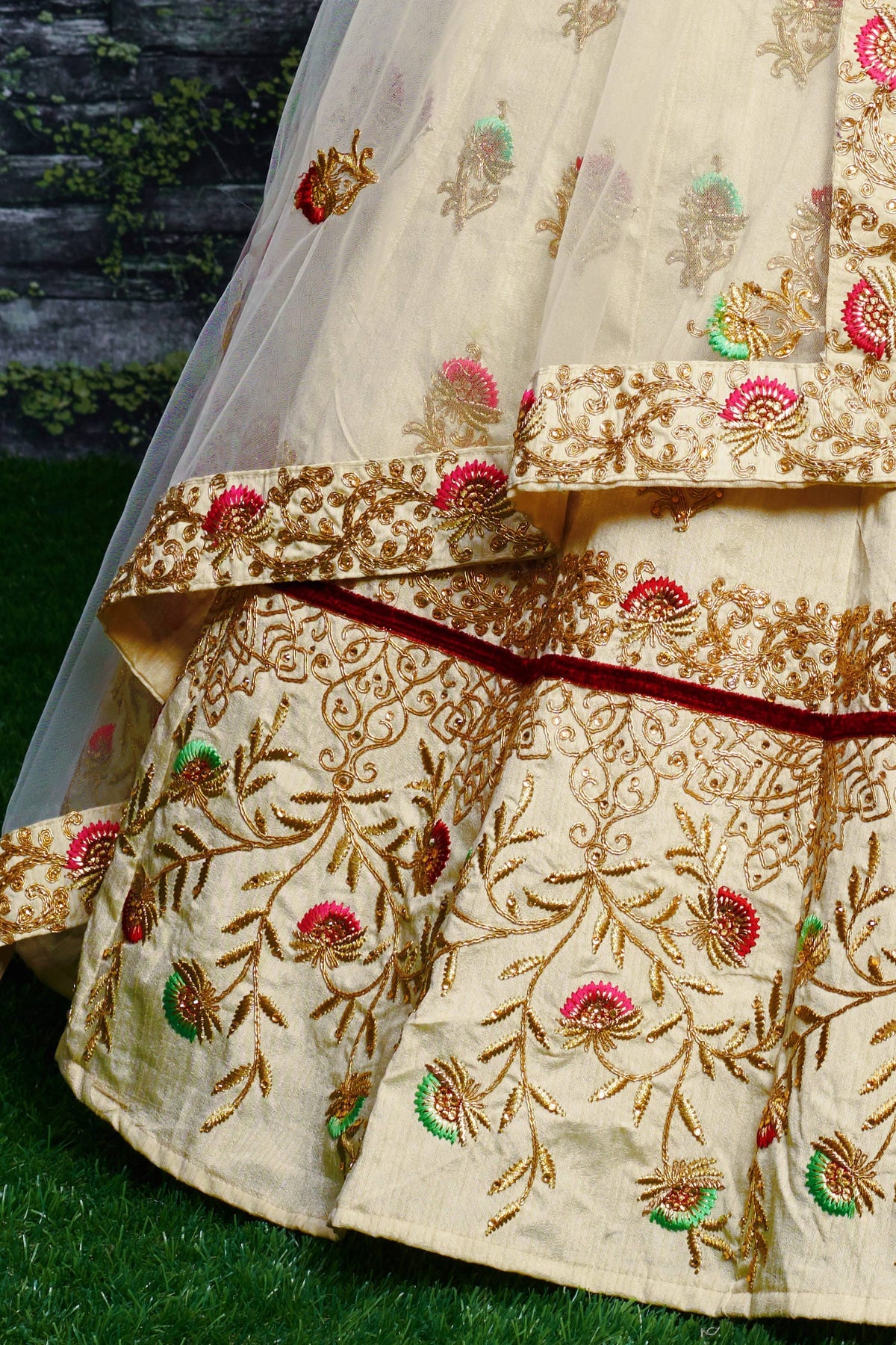 Off White Ghagra Choli for Ladies in Slub Silk with Dori, Zari Work & Sequin