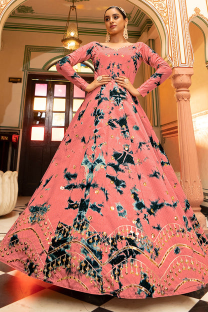 Peach Pakistani Cotton Printed Gown For Indian Festivals & Weddings - Print Work, Sequence Embroidery Work,