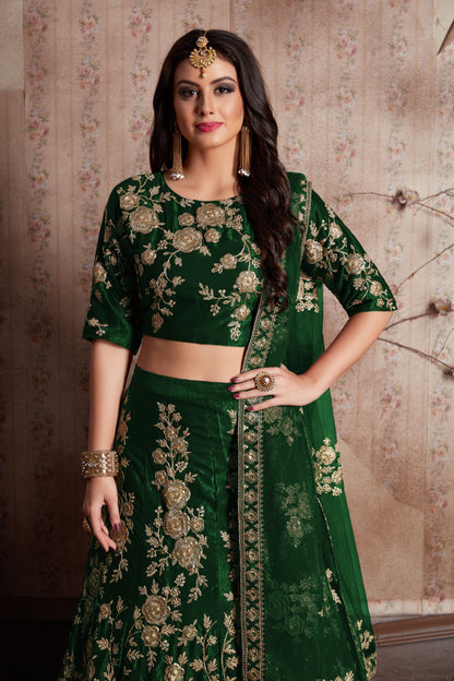 Green Velvet Silk Lehenga Choli For Indian Festival & Weddings - Sequence Embroidery Work, Lace Work, Dori Work