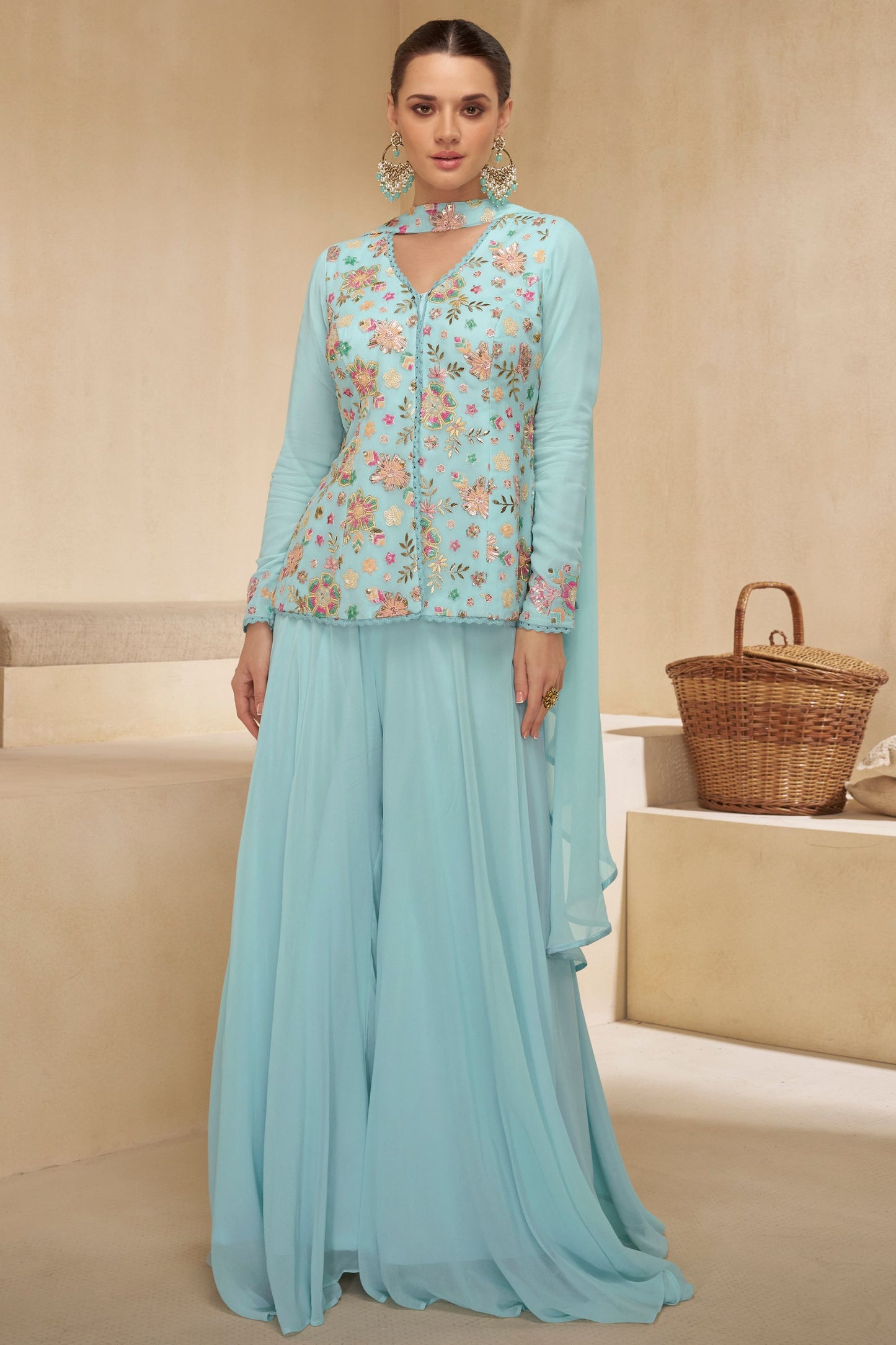 Sky Blue Georgette Palazzo Suit For Indian Festivals & Pakistani Weddings - Embroidery Work