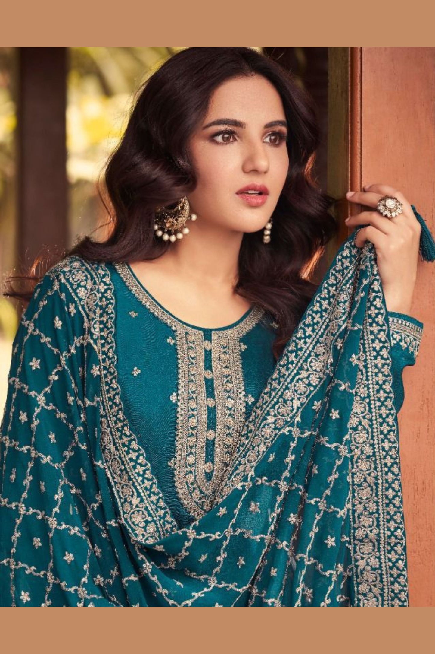 Teal Dola Silk Kameez With Plazzo For Indian Suit Festivals & Pakistani Weddings Dress - Embroidery Work