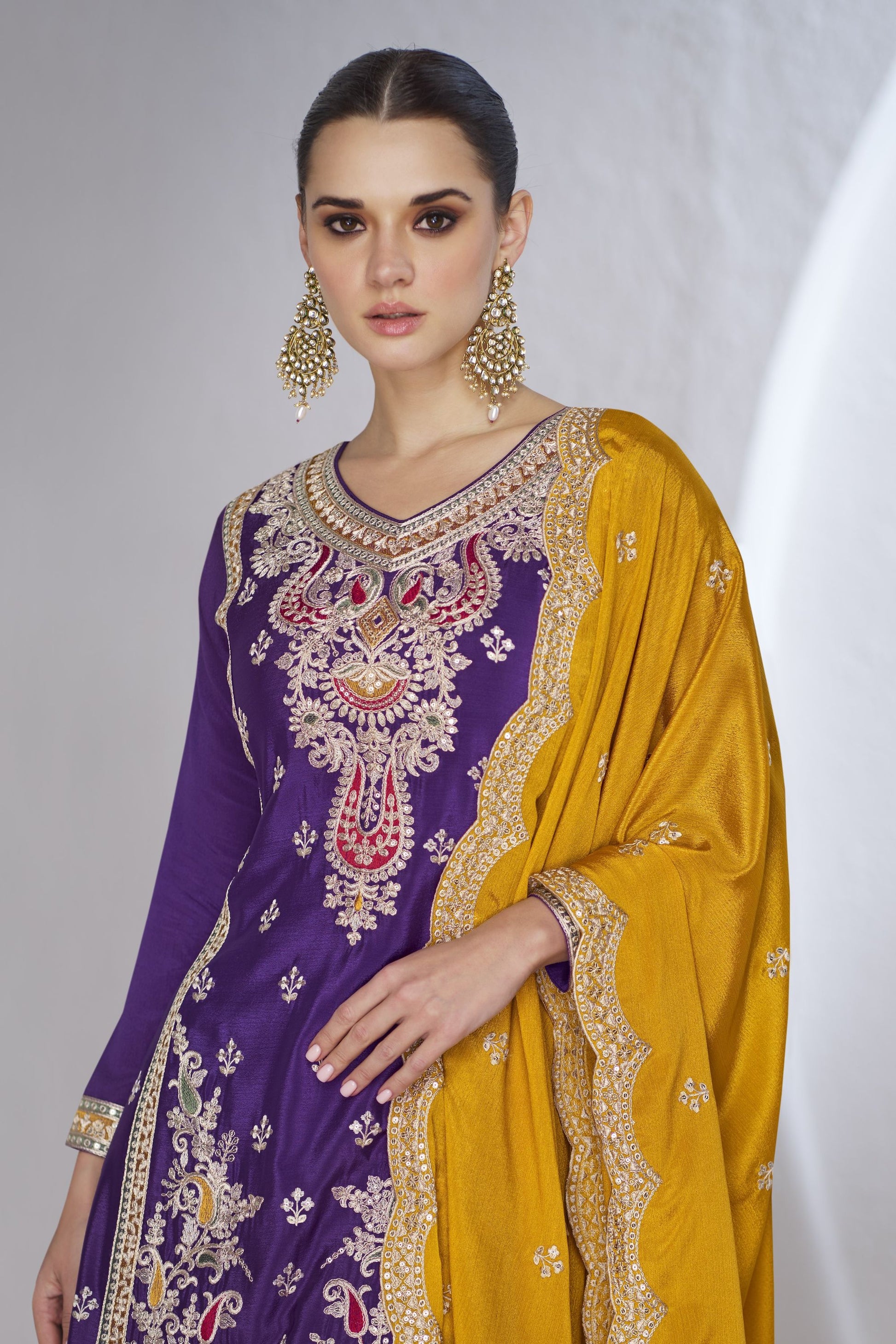 Purple Chinon Silk Palazzo Suit For Indian Weddings & Pakitani Festival - Embroidery Work