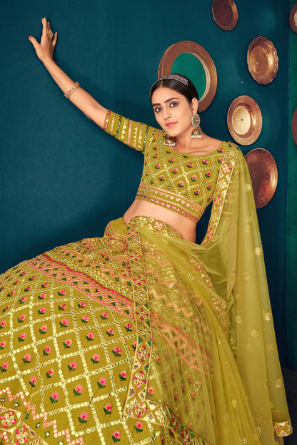 Olive Pakistani Georgette Lehenga Choli For Indian Festivals & Weddings - Thread Embroidery Work,