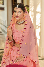 Peach Art Silk Lehenga Choli For Indian Festivals & Weddings - Sequence Embroidery Work, Thread Work
