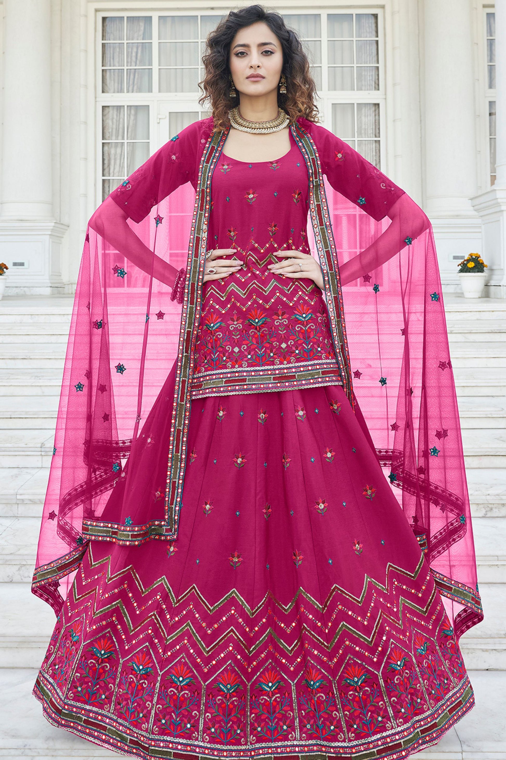 Pink Pakistani Chinon Lehenga Choli For Indian Festivals & Weddings - Sequence Embroidery Work, Thread Embroidery Work,