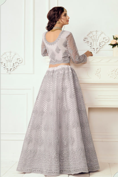 Silver Color Net Lehenga Choli For Indian Festivals & Weddings - Thread Embroidery Work, Codding Embroidery Work, Stone Work