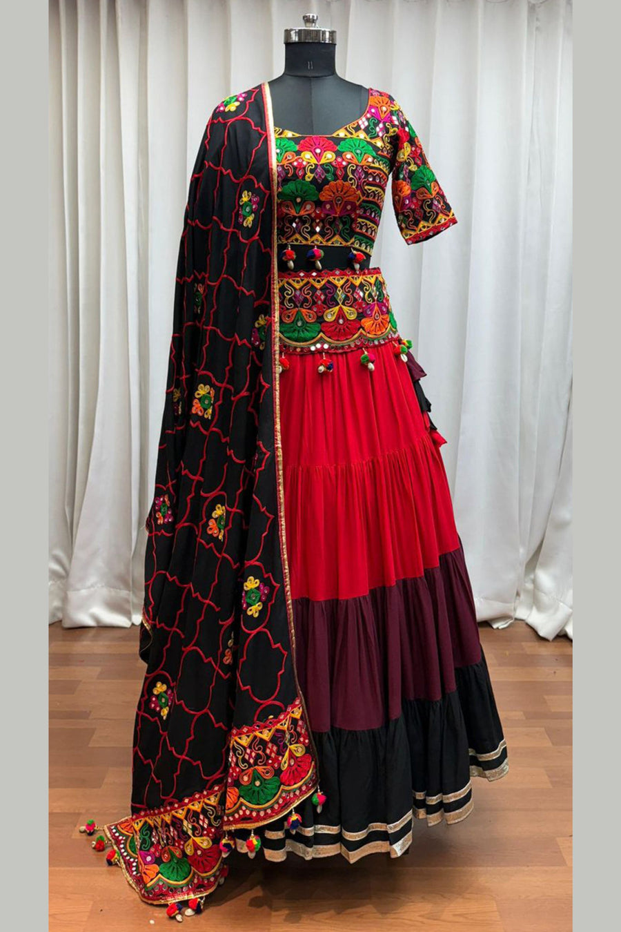 Multicolor Viscose Cotton Chaniya Choli For Navratri Garba Indian Festival 8 Meter Flair - Thread Embroidery Work, Real Mirror Work