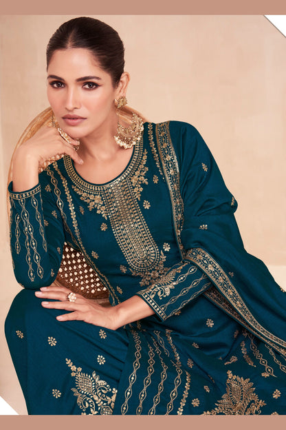 Teal Silk Plazo Kameez Suit For Indian Wedding & Pakitani Festival - Embroidery Work