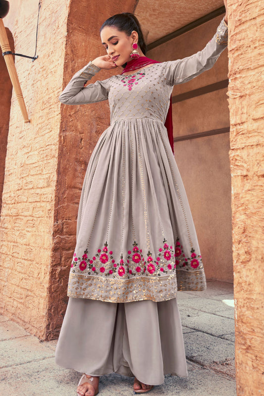 Gray Pakistani Georgette Plazo For Indian Festivals & Weddings - Sequence Embroidery Work, Thread Embroidery Work,