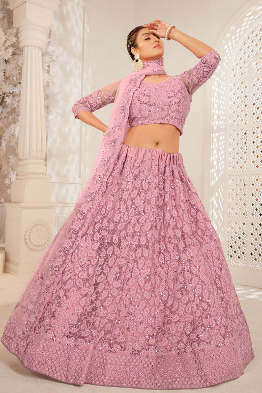 Pink Pakistani Net Lehenga Choli For Indian Festivals & Weddings - Sequence Embroidery Work, Zarkan Work