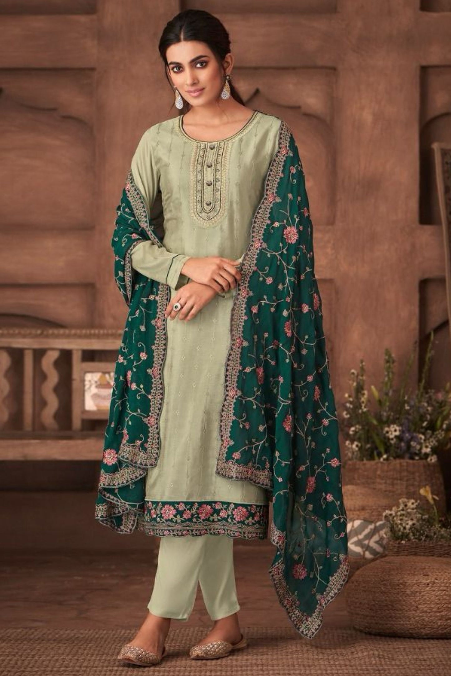 Light Olive Chinon Silk Kameez with Pant For Indian Suit Festivals & Pakistani Weddings - Embroidery Work