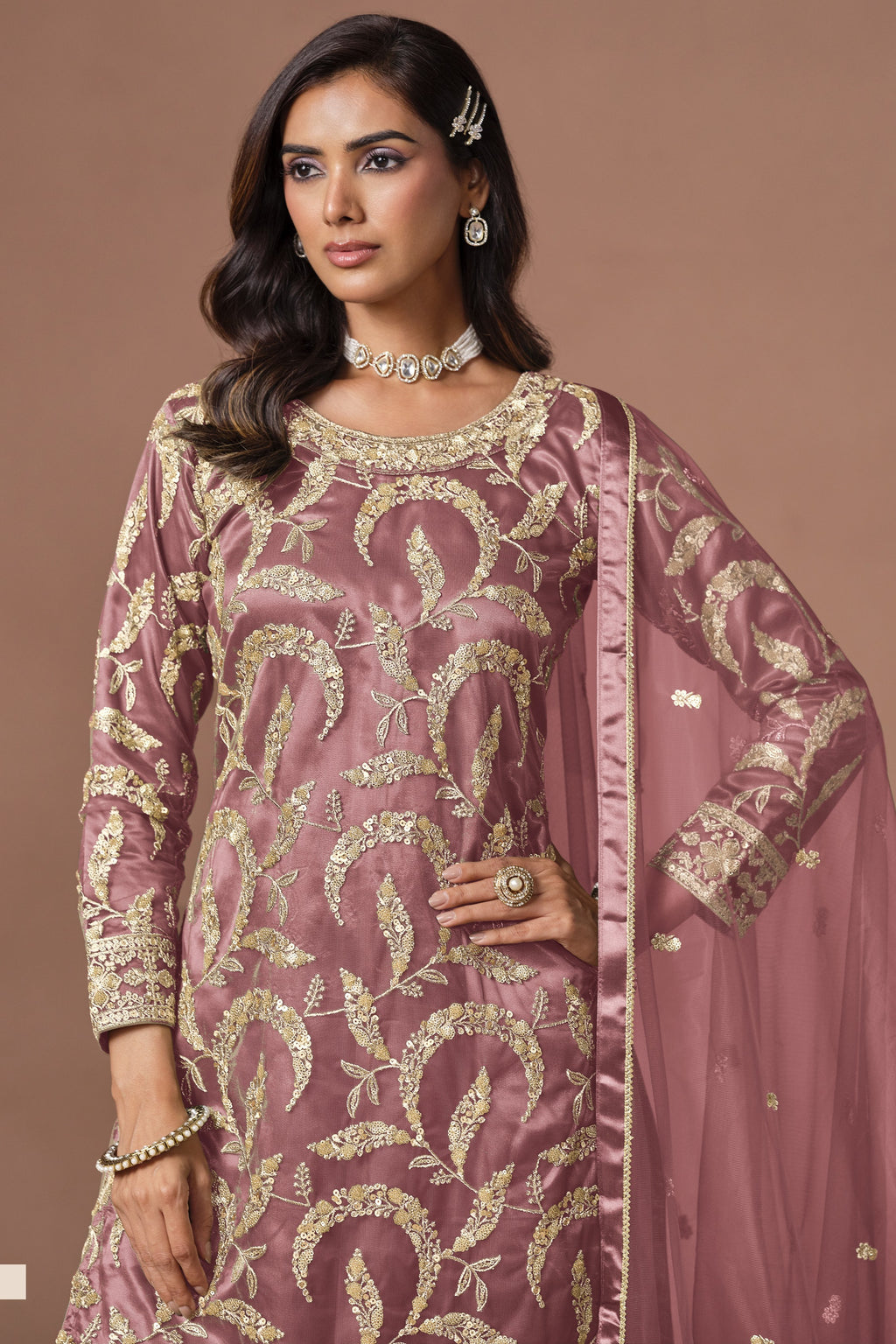 Dusty Pink Sharara Suit - Sangeet Outfits for Women with Embroidery