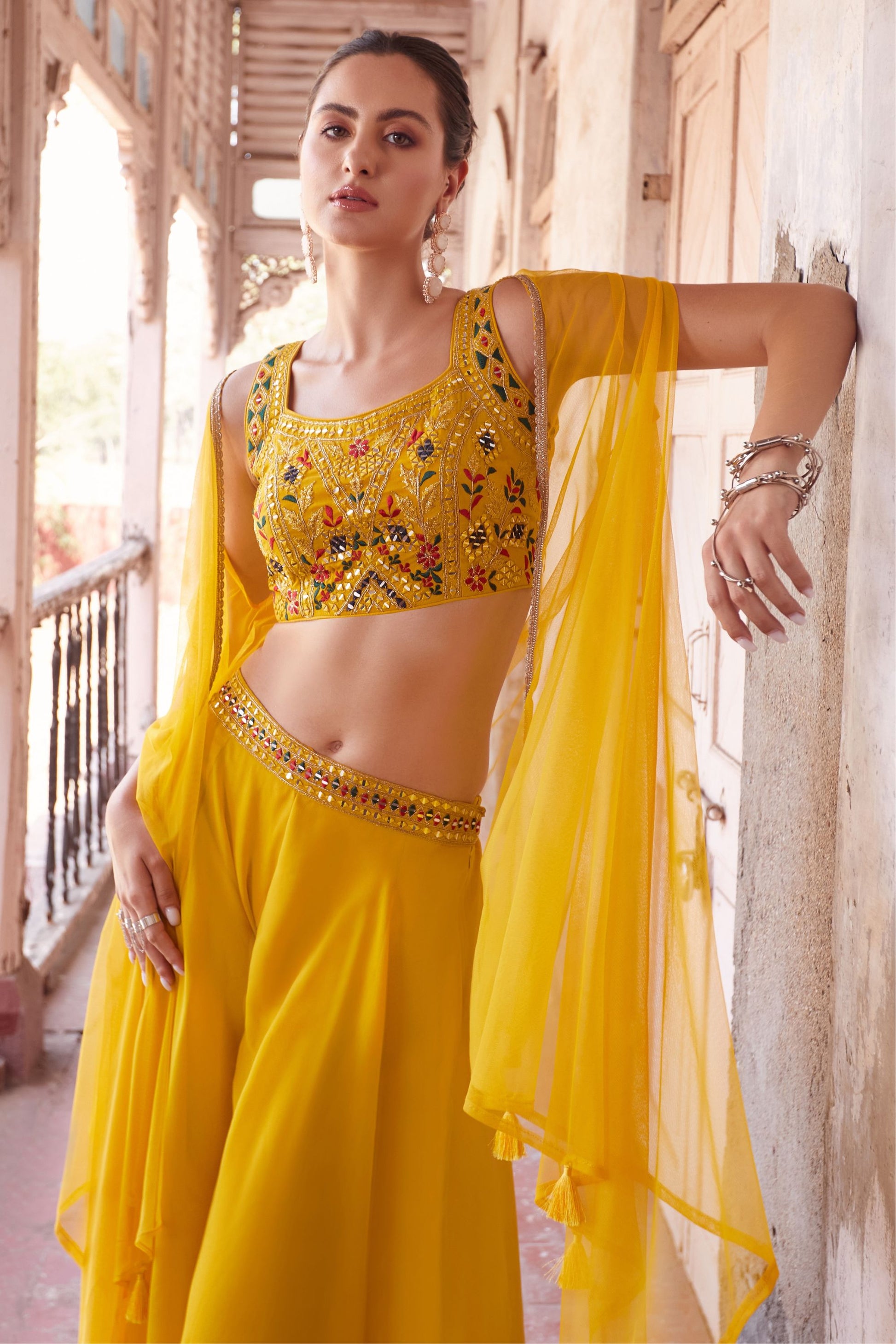Yellow Georgette Sharara Choli For Indian Festivals & Weddings - Thread Embroidery Work, Hand Embellishment, Mirror Work