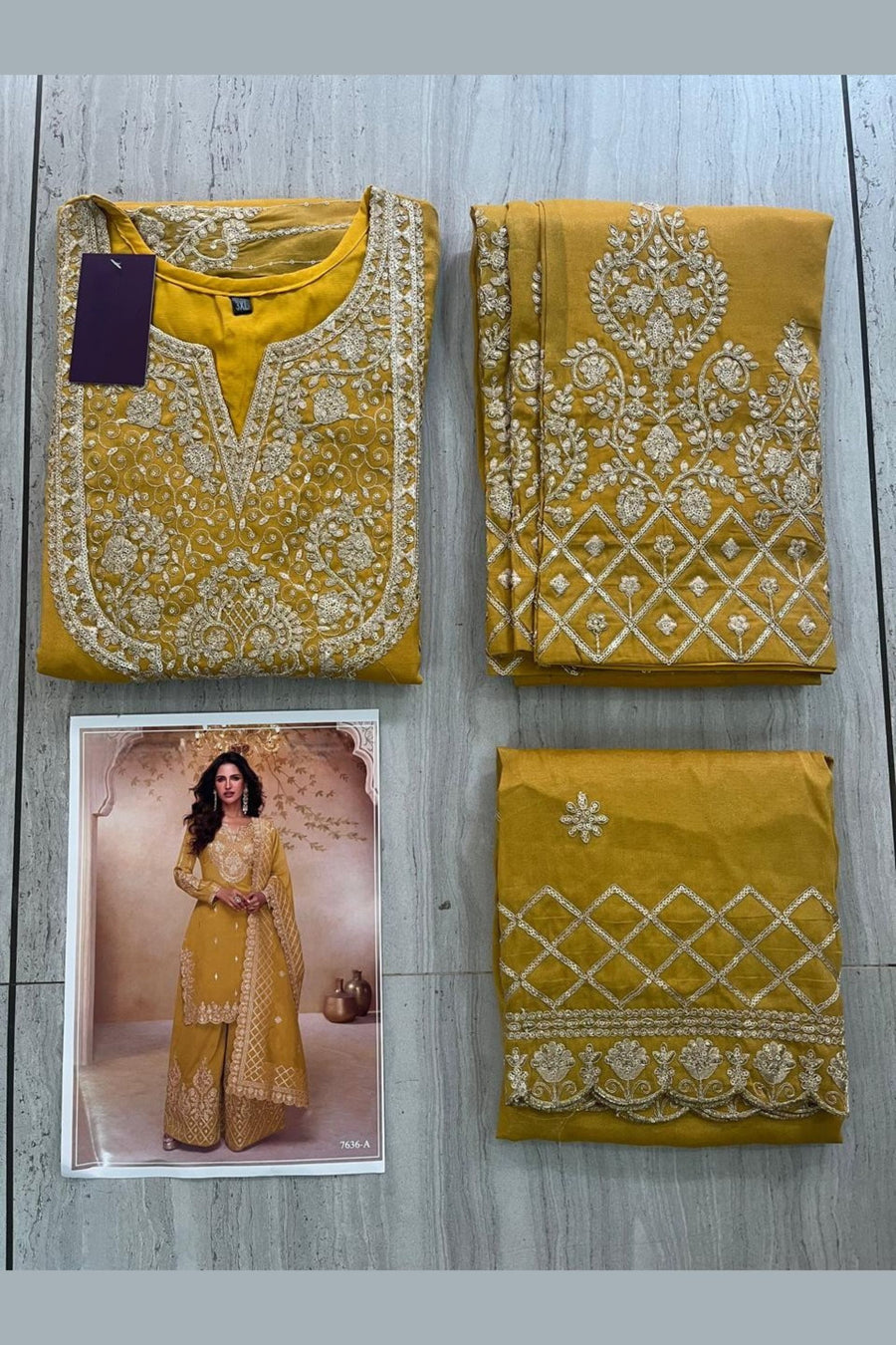 Mustard Yellow Simmer Silk Palazo Suit For Indian & Pakistani Wedding Festival - Thread & Sequins Embroidery Work