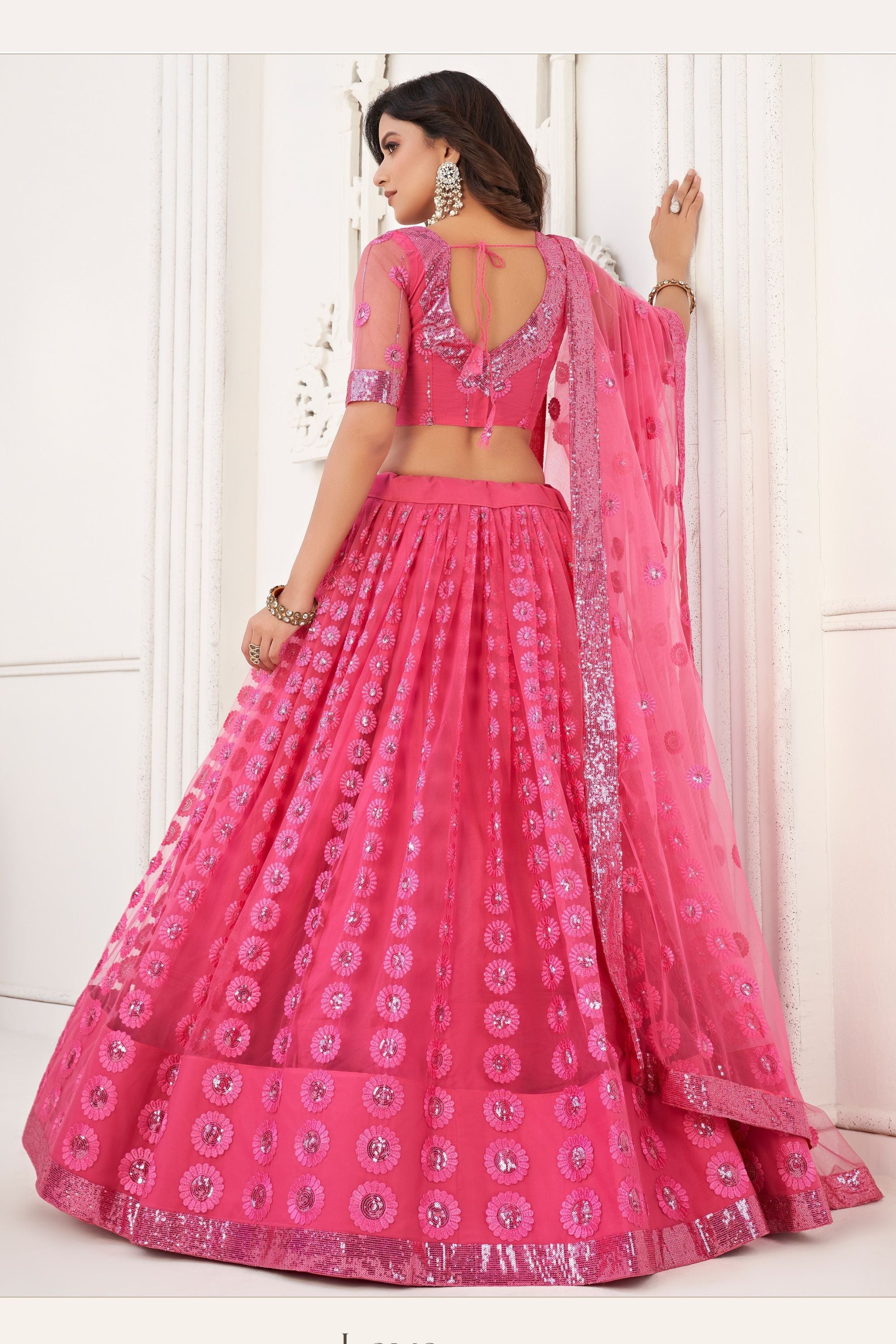 Pink Net Embroidered Lehenga Choli For Indian Festival & Weddings - Embroidery Work