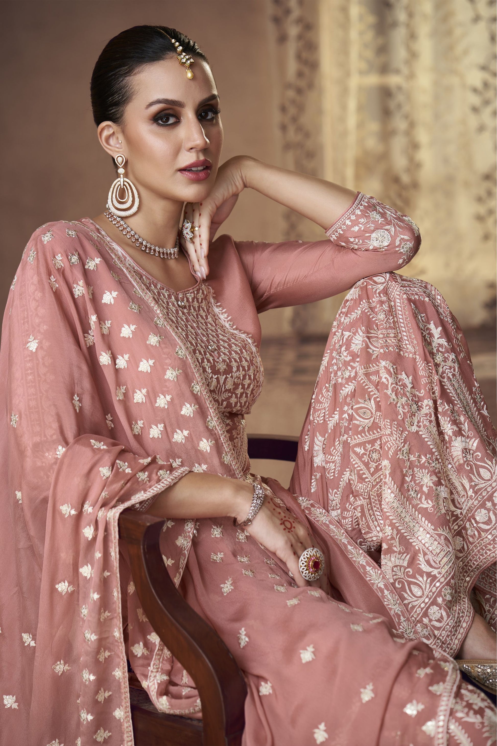 Orange Chinon Silk Palazzo Suit For Indian Weddings & Pakitani Festival - Embroidery Work