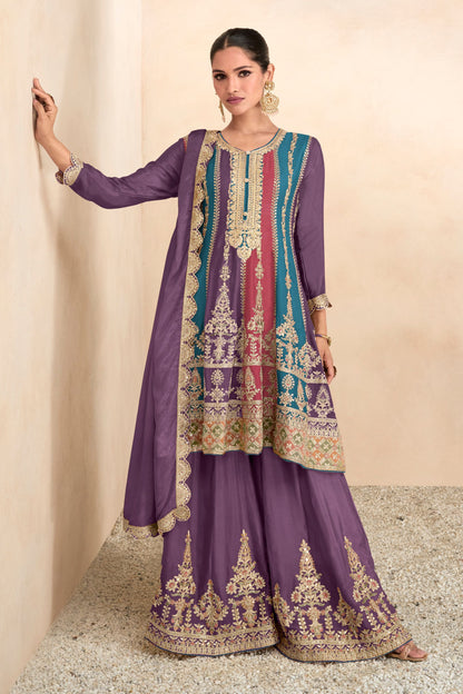 Brown Pakistani Chinon Plazo Suits For Indian Festivals & Weddings - Embroidery Work