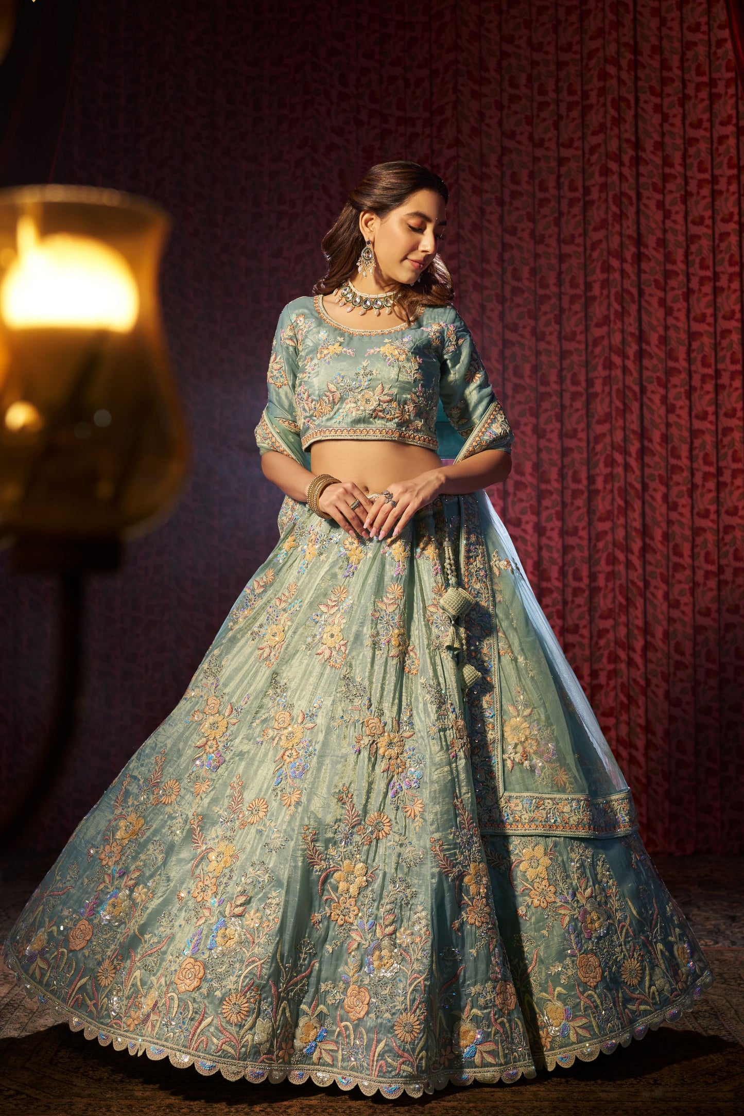 Turquoise Organza Lehenga Choli For Indian Festival & Weddings - Sequence Embroidery Work, Thread Embroidery Work, Dori Work, Zarkan Work